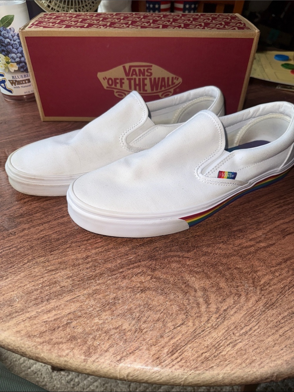 Vans Classic Slip-On in White with Rainbow Trim 2020 Pride Month limited edition - Picture 2 of 7